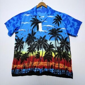 Red Star Mens Hawaiian Shirt XL Blue Tropical Palm Tree Sunset Terivoile Button